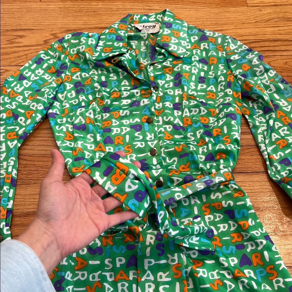 Vintage Green, Purple, Orange, Blue Vibrant PARIS letter patterned Shirt Dress - Picture 6 of 11